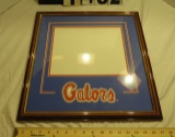 Florida Gator Diploma Frame with orange and blue mat and Gator Script cut out. Brown wood toned glos