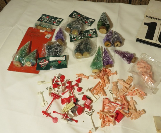 Mixed Lot of Mini Fir Trees with Snow and Bag of Miniature Signs and Mixed People for use with elect