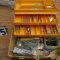 old pal wood stream tackle box with mixed hooks and tackle
