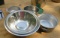 group of 3 stainless steel mixing bowls and and 3 mixed size pans