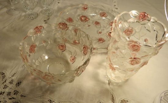 pink and clear vase, punch bowl,
