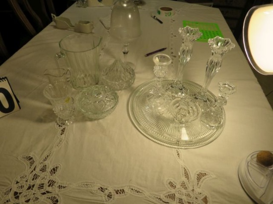 mixed cut glass candle sticks, pi tchers, cup cake server