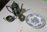 Silver plated tea pot, creamer, plus Kensington decorator plate Staffordshire Iron Stone