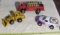 toy back hoe, fire truck and car