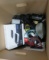 box of mixed electronics - dog collar, clamps, mouse, small projector, garmin holder