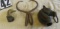 antique ice tongs, brass duck head, and cast iron horse head