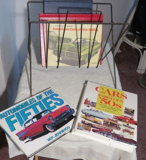 magazine rack and car coffee-table books