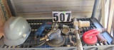 Content of shelf: pneumatic sander, Ryobi electric drill,  old pneumatic gun