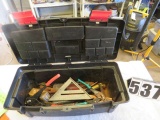 tool box  with pop rivet tool, tin snips, marking square and more