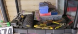 Contents of shelf, including nails and screws, few tools, clamps, etc