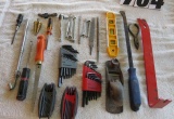 mixed tools; allen wrenches, crowbar; small wrenches and plane