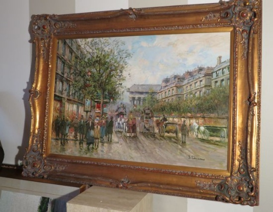 ornately framed oil "1800's city street scene" by J Decesare