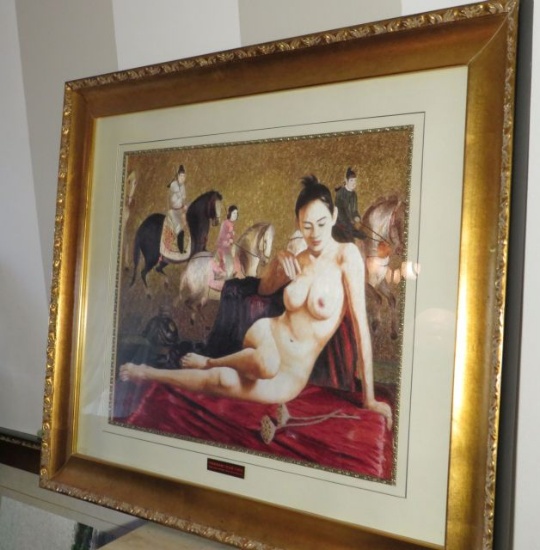framed embroidered silk portrait of a nude Asian girl