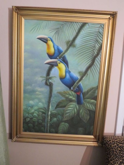 framed oil on canvas of Macaws