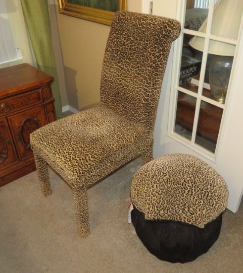 Faux leopard skin upholstered straight chair and matching foot stool