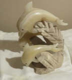 Dolphin figurine featuring 3 carved jade dolphins  - 5