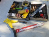 mixed tools drills, pop rivet gun, fasterns, chaulk lines, chuck key, saws all blades