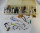 2 Plastic cases filled with hooks, bullet weights, reel repair tools & assorted fishing tackle