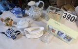 Galleria 4 pc Lead Crystal Glasses, 2 gravy boats, 3 teapots, pitcher & glass block  very good condi