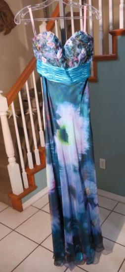 Size 6 Blush Prom dress with Spaghetti straps multi-colored, predominately blues...Bust 35; Waist 28