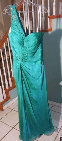 Size 16, Turquoise-One-Shoulder Clarisse Dress...Bust 42; Waist 33.5; Hips 45