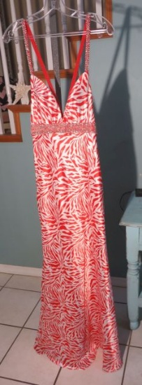 Kiss Kiss party dress by Mary's, Size 8, Red and White Zebra Stripes. Sequined straps, criss-cross b