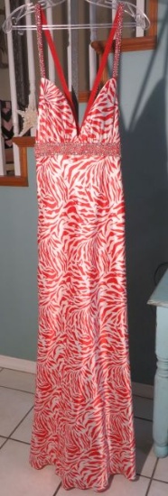 Kiss Kisss party dress by Mary's, Size 2, Red and White Zebra Stripes. Sequined straps, criss-cross