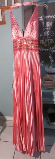 Kiss Kiss party dress by Mary's, Size 6, Pink halter style. Sequined with pleats and lots of shine!