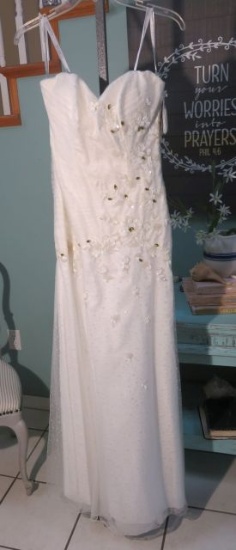 Size 8, Clarisse strapless white dress with dazzling gold rhinestones...Bust 36.5; Waist 28; Hips 39