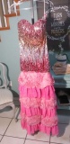 Size 6, Prom Dress by Clarisse  pink and fuscha layered ruffles. Bust 35.5; Waist 27; Hips 38.5