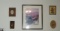 Assorted pictures on wall, prints, blanks, needlepoints, group of 9