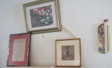 Grouping of 3 framed prints and a thermometer