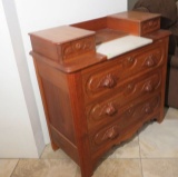 Antique oak dresser chest with marble insert, ornate handles