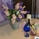 Blue vase, clear glass paperweight, ceramic clock, plateholder and candle