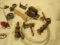 mixed toy steam engine parts, model airplane cox .049 motor and airplane wheels