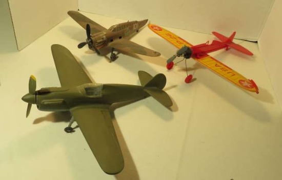 (2} model planes with gas Engines and (1) with wind up rubber band (I) missing tail flap