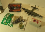 group of four items - B-17 Model Airplane, Harely Davidson Model Motorcycle, Cat-A-Pult Kitties, Hor