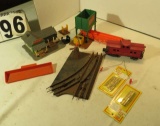 Assortment:  Model Station House, Coal Loading Bins, O Gauge Switch, Box Car