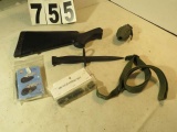 Mixed Lot:  Rifle Stock, Dummy Grenade, Belt, AK Cleaning Kit