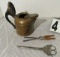 copper teapot with scissors, vintage hair curling iron, wood utensils