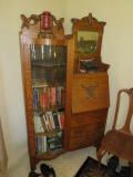 antique oak drop leaf desk and bowfront glass door cabinet combination with mirror