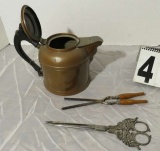 copper teapot with scissors, vintage hair curling iron, wood utensils