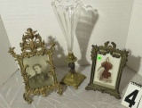 vintage bud vase, (2) ornate picture frames,