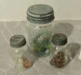 vintage Atlas small canning jars with lead caps (1) with marbles, (2) with current pennies