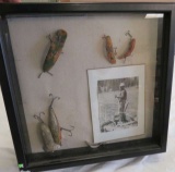 shadow box with vintage fishing lures (box needs new back)