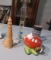 carved light house, pottery football piggy bank, Galileo thermometer