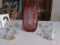 clear glass turkey salt and pepper, cranberry vase