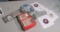 collection 45rpm records, decorator plate, snoopy glasses, note holder small wood sign