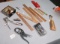 mixed collectibles including old advertising wood rulers, clippers, small paint brushes, cabinet har