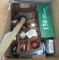 box of Christmas lights and ornaments